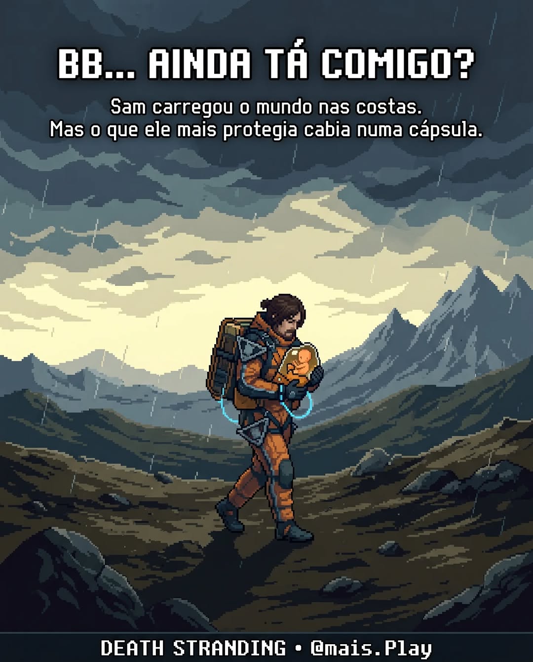 Sam Bridges carregando BB em pixel art — Death Stranding, proteção e vínculo emocional nos videogames