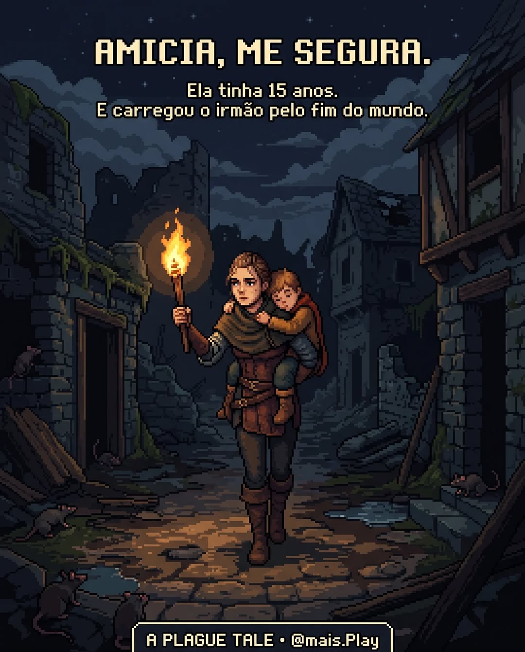 Amicia carregando Hugo em pixel art — A Plague Tale Innocence, amor fraternal e maternal nos games