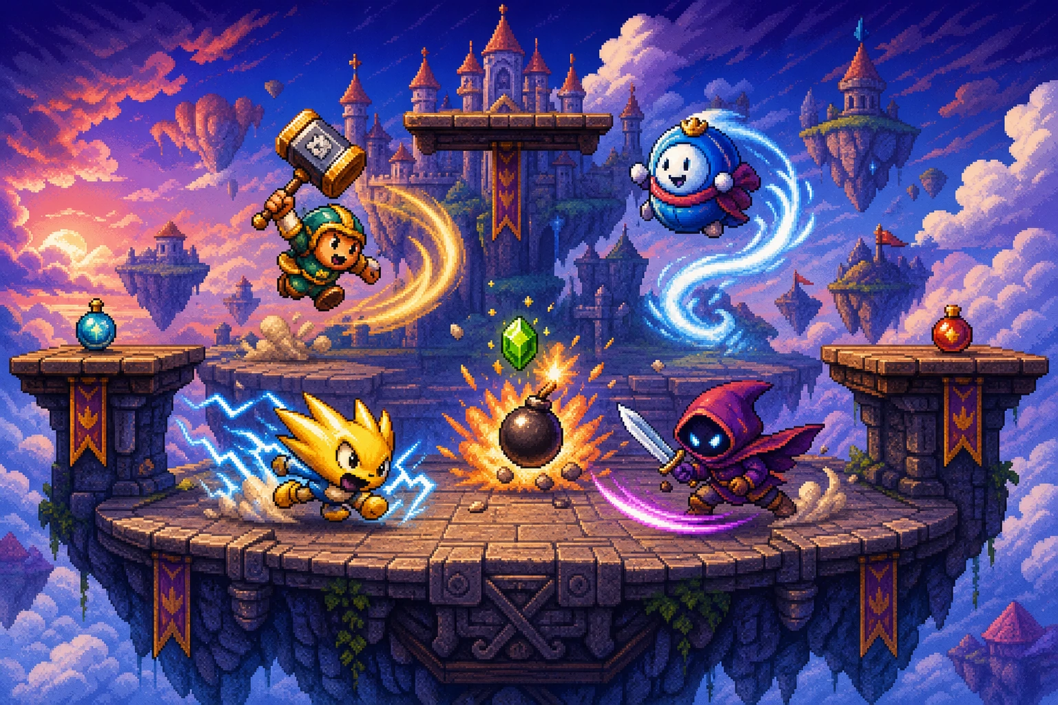 Quatro personagens de Super Smash Bros. N64 em batalha caótica no Castelo de Hyrule Quatro personagens de Super Smash Bros. N64 em batalha caótica no Castelo de Hyrule