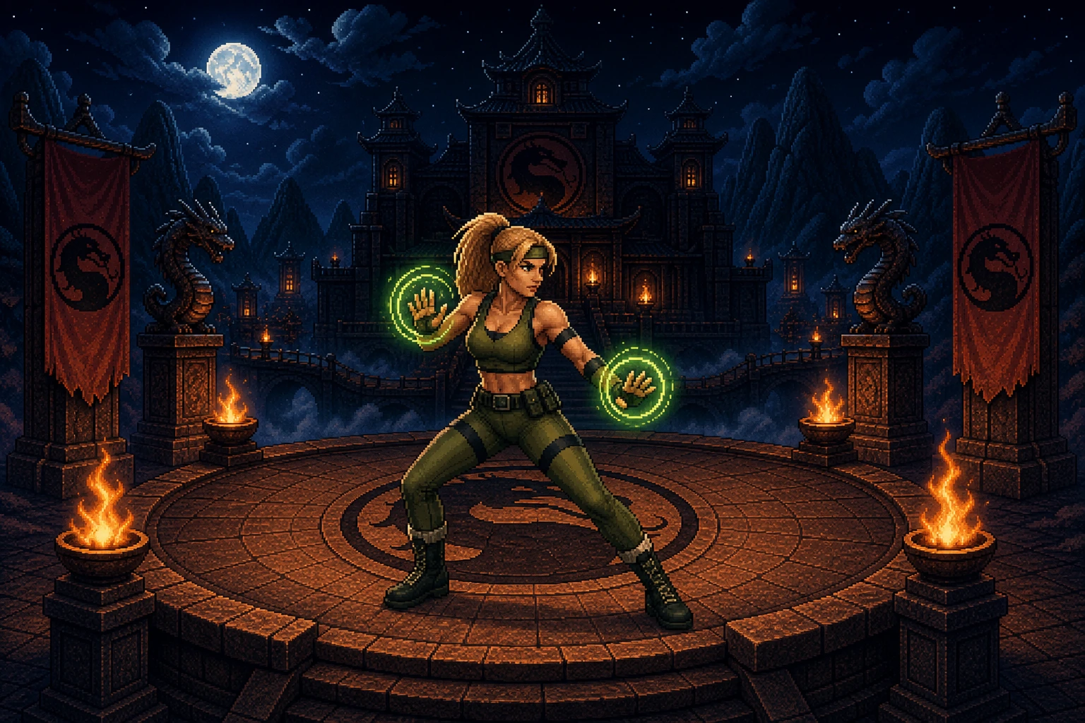 Sonya Blade em posição de combate na arena do torneio em estilo pixel art 16-bit Sonya Blade em posição de combate na arena do torneio em estilo pixel art 16-bit