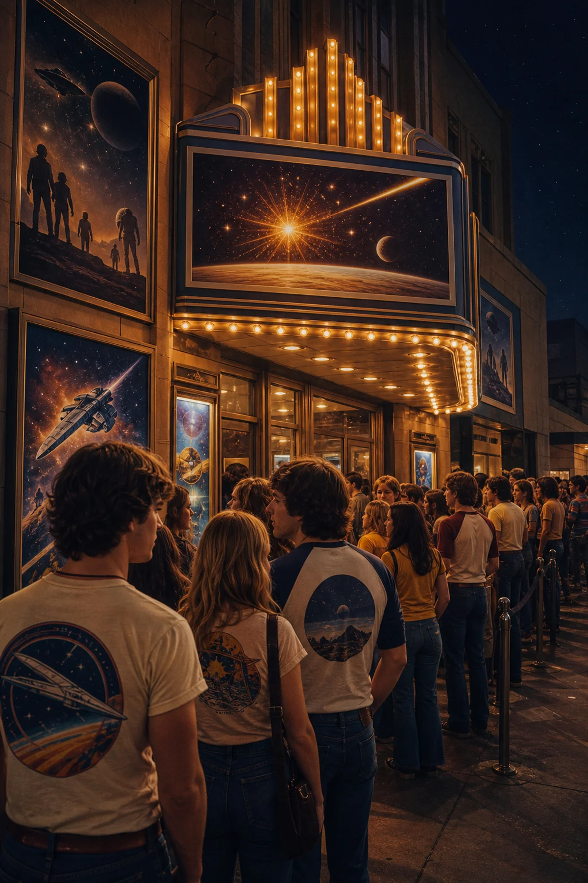 Fila de cinema em 1977 representando o nascimento do fandom moderno com uma grande saga espacial