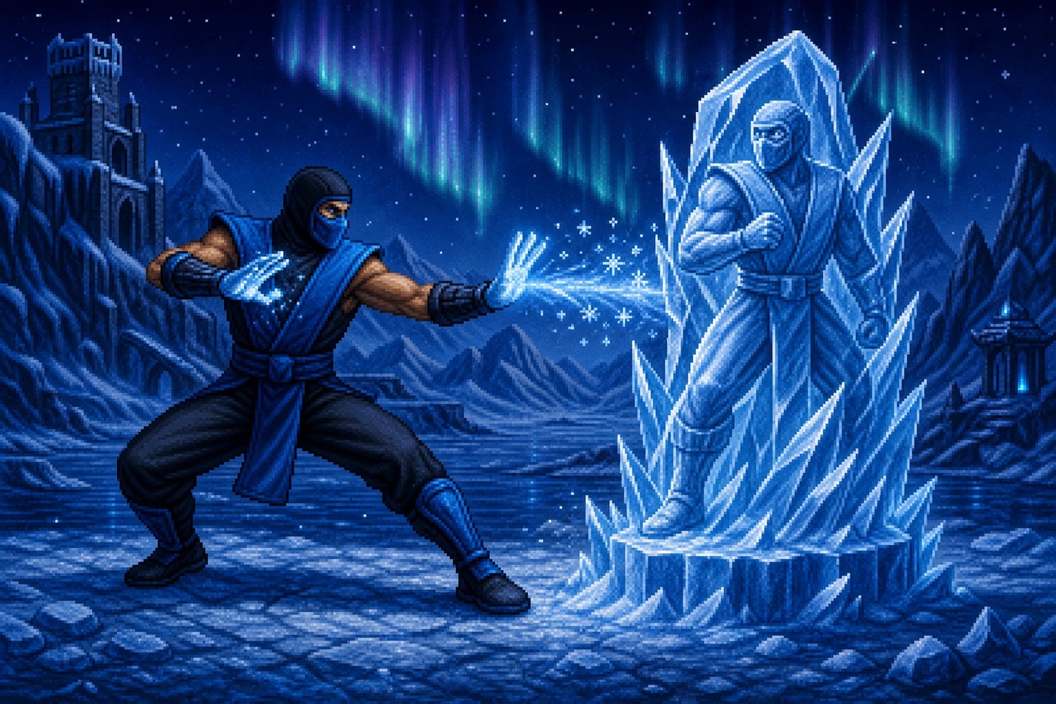 Sub-Zero criando uma escultura de gelo com seus poderes de criomancia em estilo pixel art 16-bit Sub-Zero criando uma escultura de gelo com seus poderes de criomancia em estilo pixel art 16-bit