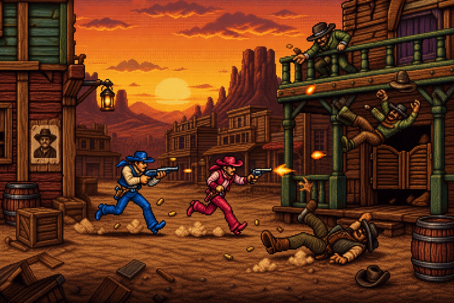 Dois cowboys de Sunset Riders em ação no Velho Oeste em estilo pixel art do SNES Dois cowboys de Sunset Riders em ação no Velho Oeste em estilo pixel art do SNES