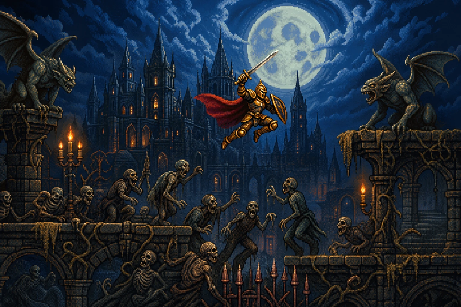Arthur de Super Ghouls 'n Ghosts em armadura dourada enfrentando hordas de monstros no castelo assombrado Arthur de Super Ghouls 'n Ghosts em armadura dourada enfrentando hordas de monstros no castelo assombrado