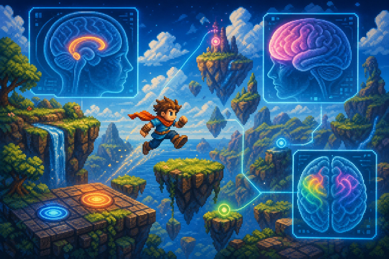 Super Mario em mundo 3D com scan cerebral mostrando hipocampo e córtex frontal ativados Super Mario em mundo 3D com scan cerebral mostrando hipocampo e córtex frontal ativados