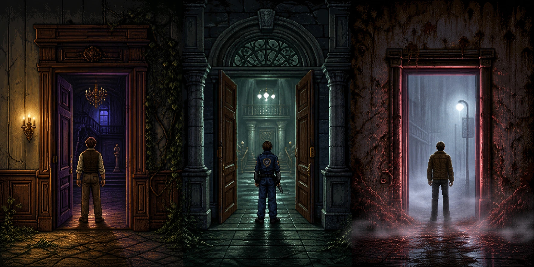 Três portas icônicas representando Alone in the Dark Resident Evil e Silent Hill como monumentos da história do terror nos games
