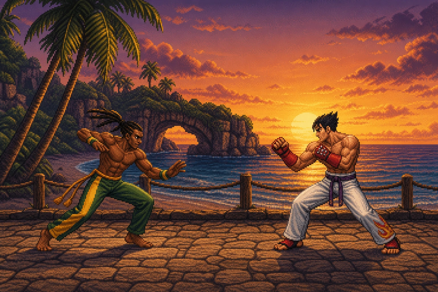 Dois lutadores de Tekken 3 se enfrentando em arena com praia ao fundo em estilo pixel art Dois lutadores de Tekken 3 se enfrentando em arena com praia ao fundo em estilo pixel art