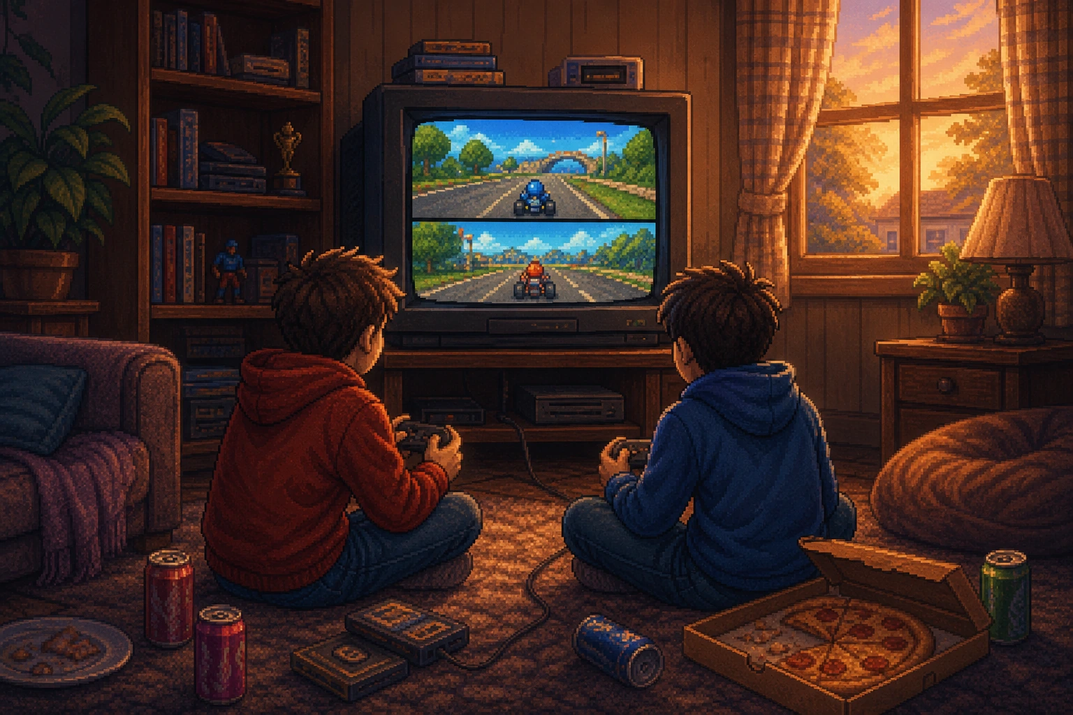 Dois amigos jogando videogame com tela dividida em sala aconchegante dos anos 90 Dois amigos jogando videogame com tela dividida em sala aconchegante dos anos 90