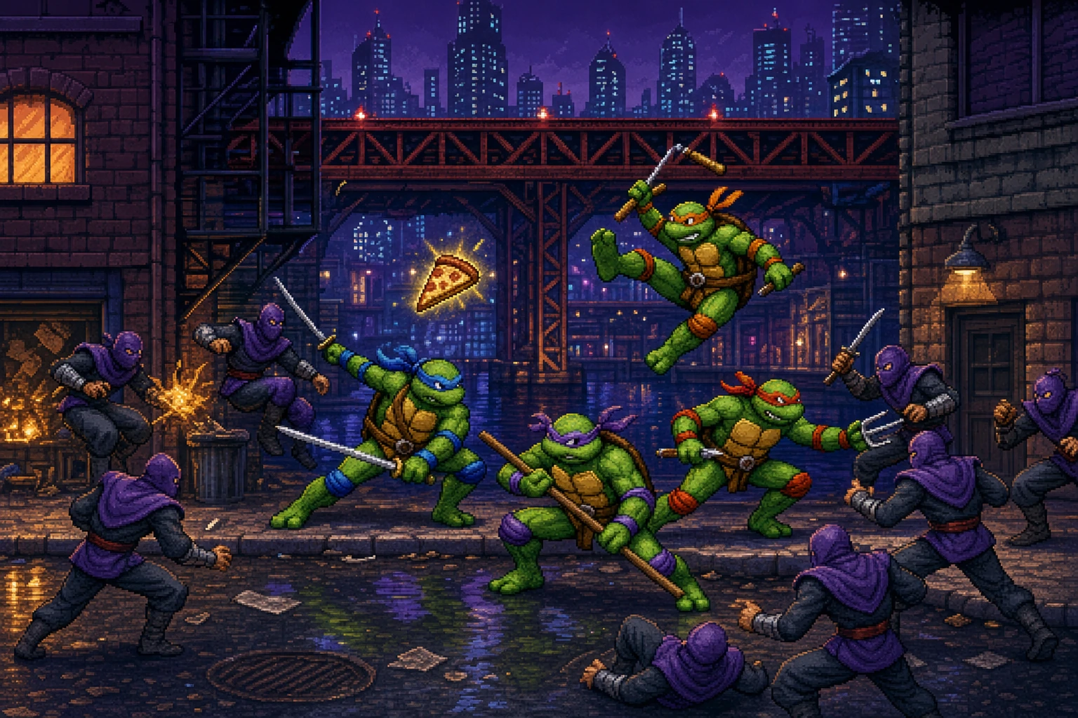 As quatro Tartarugas Ninja em ação cooperativa nas ruas de Nova York em estilo pixel art SNES As quatro Tartarugas Ninja em ação cooperativa nas ruas de Nova York em estilo pixel art SNES