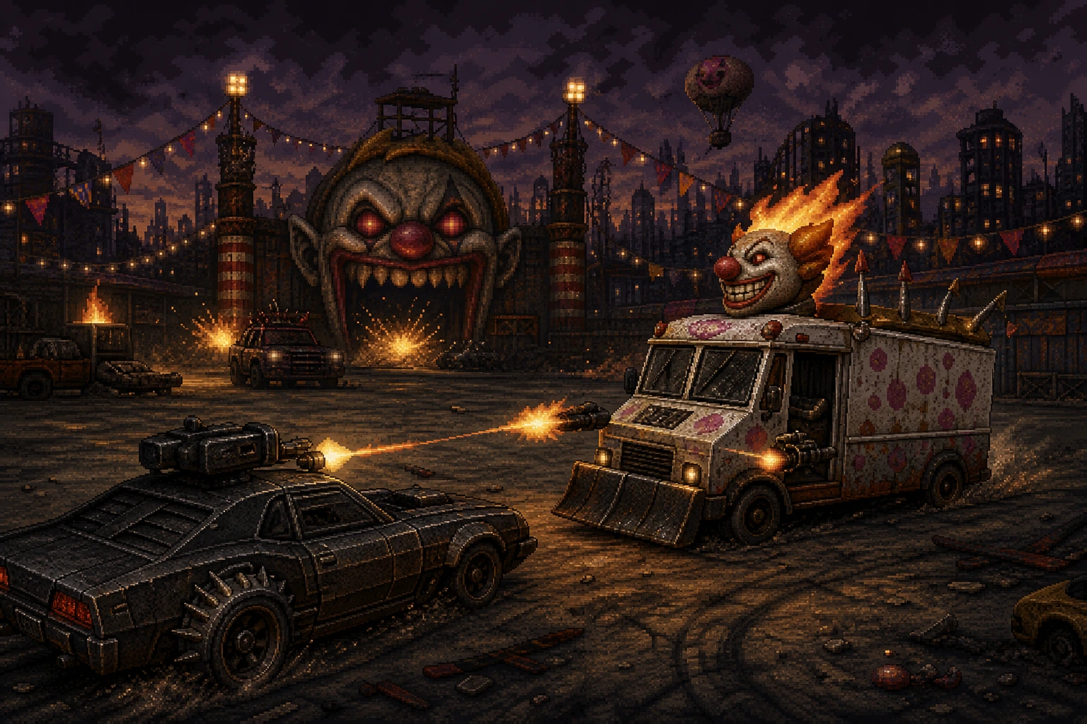 Dois carros armados de Twisted Metal em batalha caótica em arena urbana pós-apocalíptica Dois carros armados de Twisted Metal em batalha caótica em arena urbana pós-apocalíptica