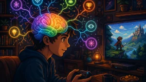 Pessoa jogando videogame com visualização de atividade cerebral mostrando múltiplas áreas iluminadas