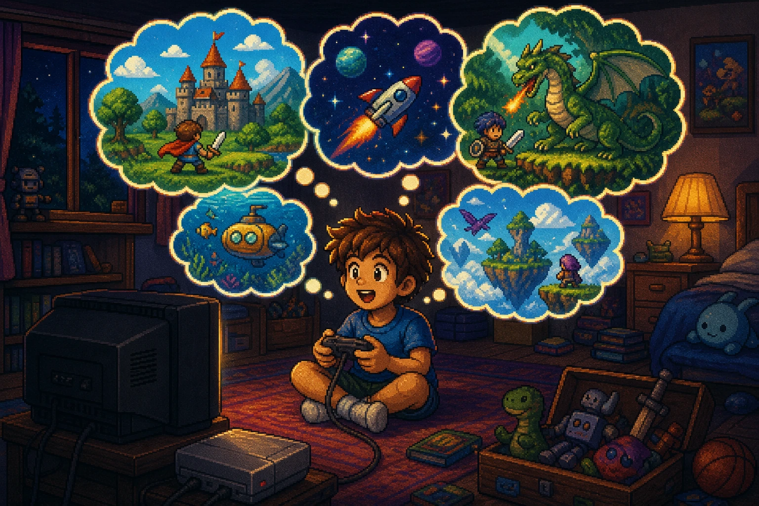 Criança jogando videogame com bolhas de imaginação acima mostrando mundos inventivos e criativos Criança jogando videogame com bolhas de imaginação acima mostrando mundos inventivos e criativos