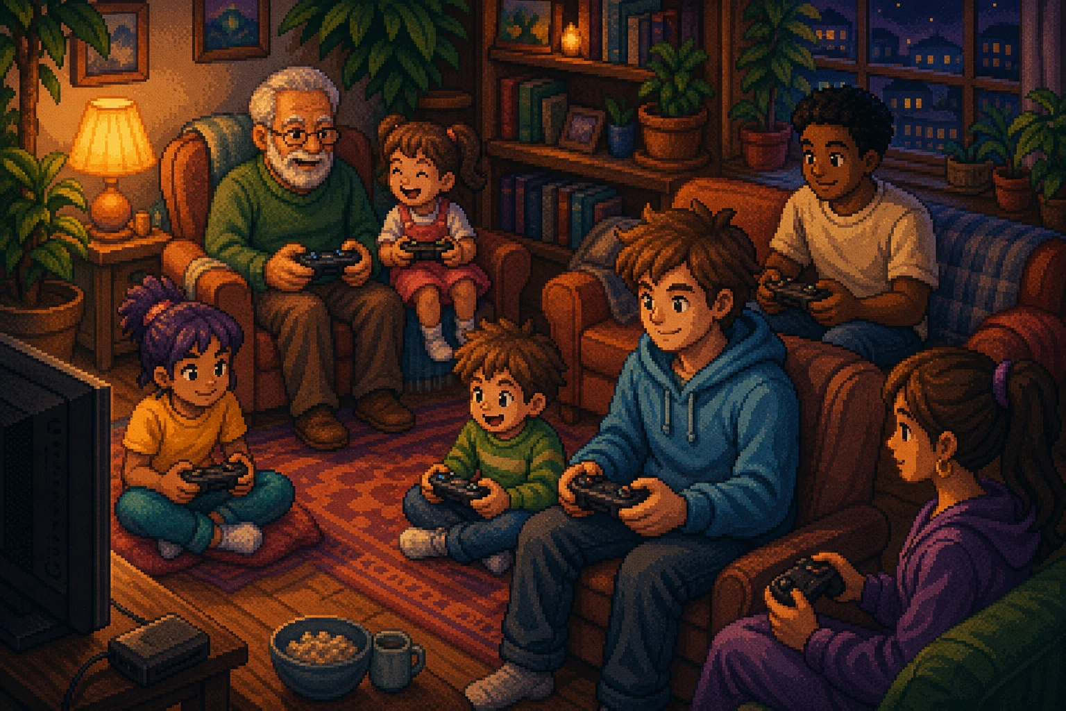 Grupo diverso de pessoas de diferentes idades jogando videogame juntas em ambiente aconchegante Grupo diverso de pessoas de diferentes idades jogando videogame juntas em ambiente aconchegante