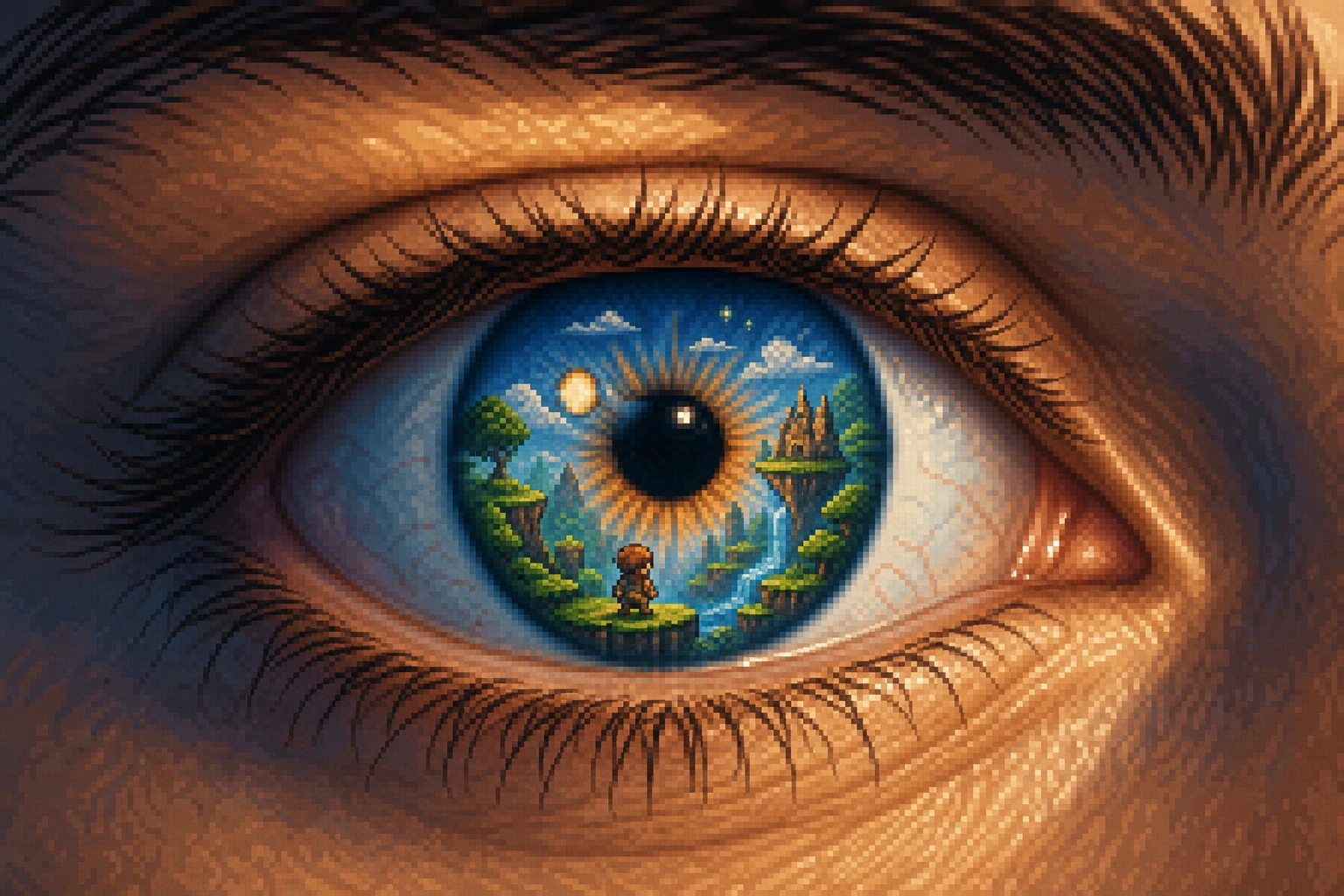 Olho humano com mundo de videogame refletido na íris representando a acuidade visual aprimorada Olho humano com mundo de videogame refletido na íris representando a acuidade visual aprimorada