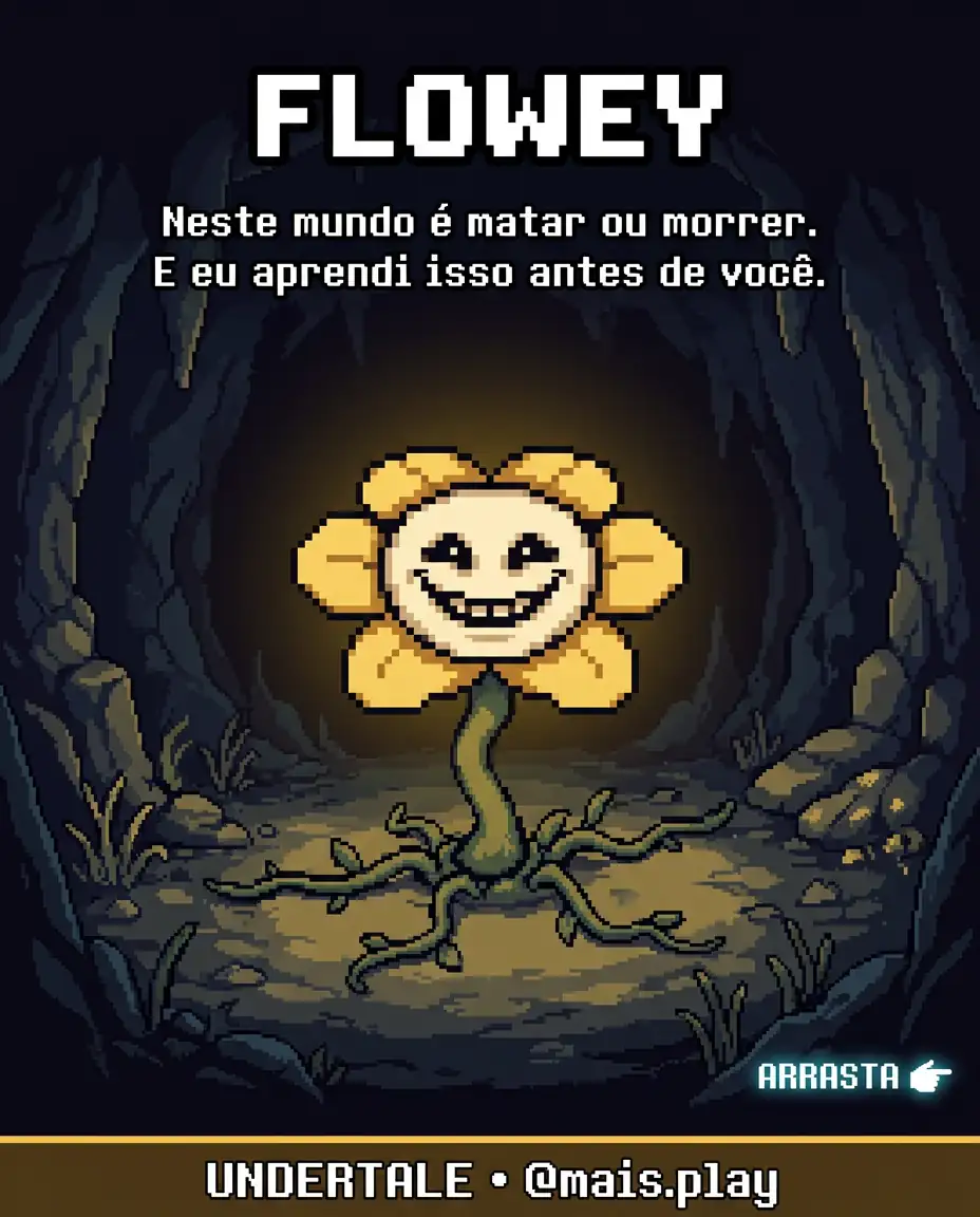 Flowey em pixel art estilo JRPG — Undertale, flor com sorriso perturbador nas cavernas subterrâneas