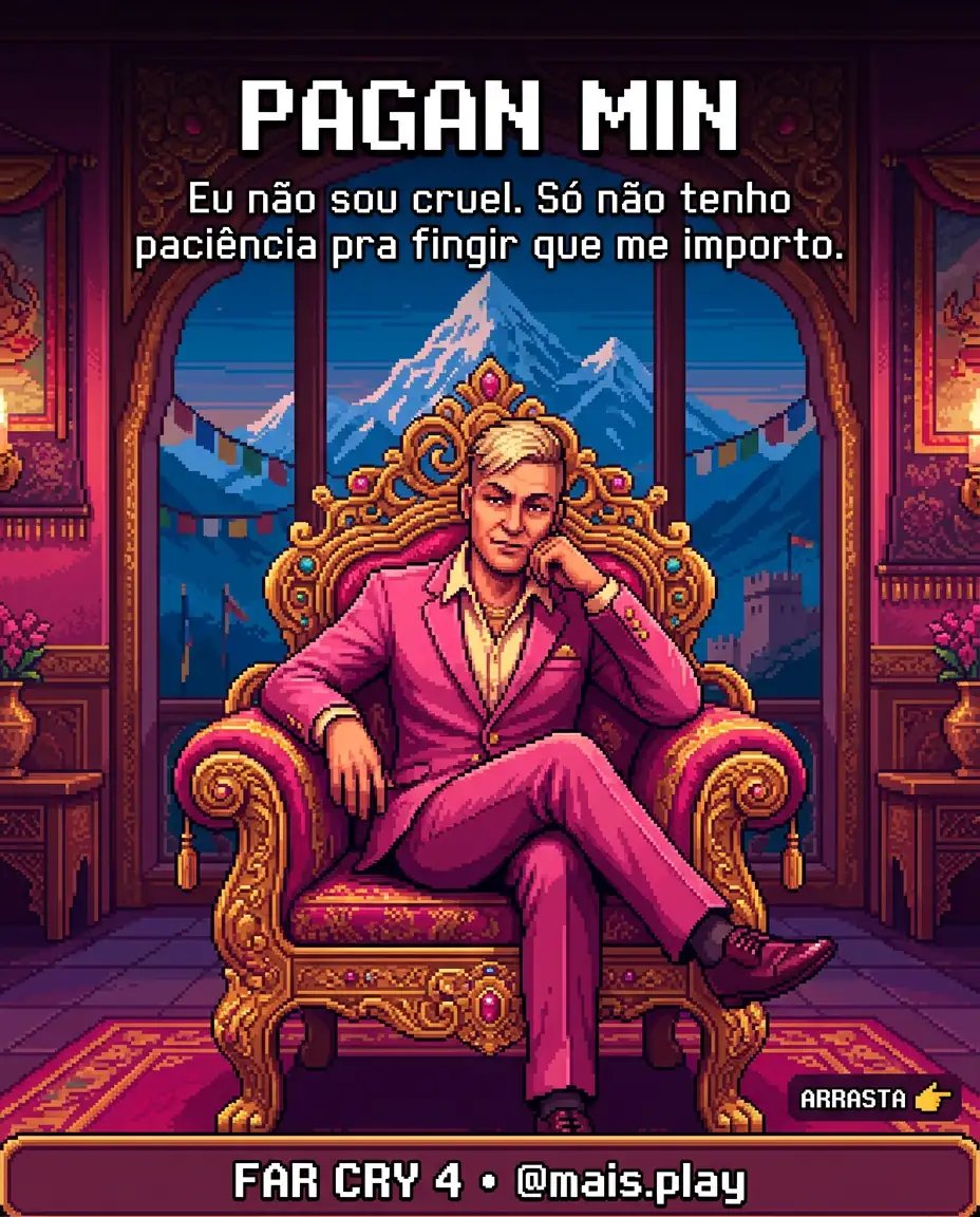 Pagan Min em pixel art estilo JRPG — Far Cry 4, ditador de terno rosa sentado no trono dourado com tédio no rosto