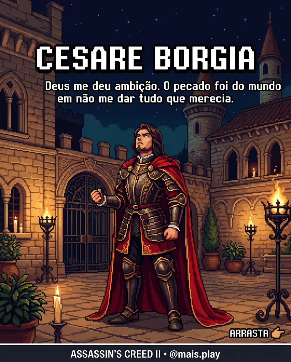 Cesare Borgia em pixel art estilo JRPG — Assassin's Creed Brotherhood, vilão da Renascença italiana com armadura e capa vermelha