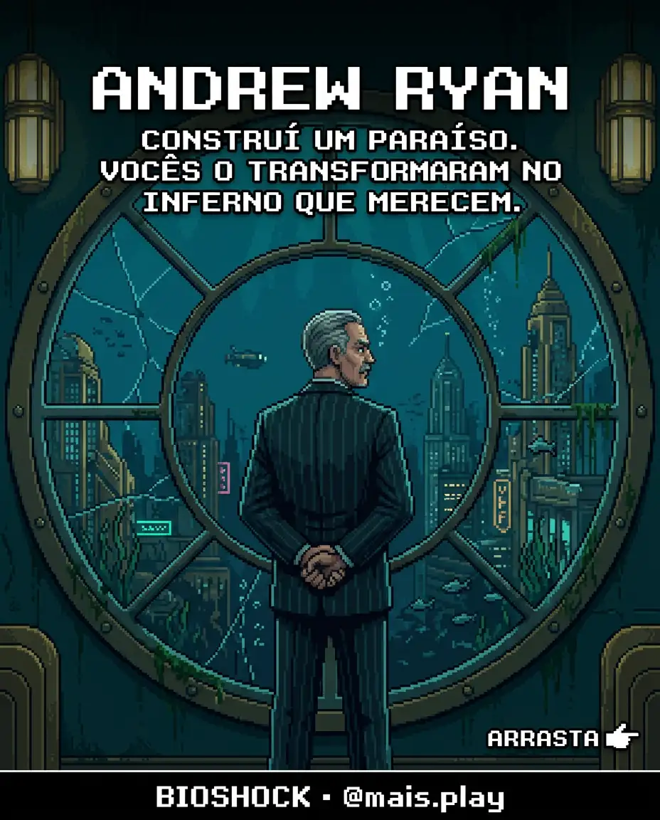 Andrew Ryan em pixel art estilo JRPG — BioShock, criador de Rapture de costas para janela do oceano vendo a cidade afundar