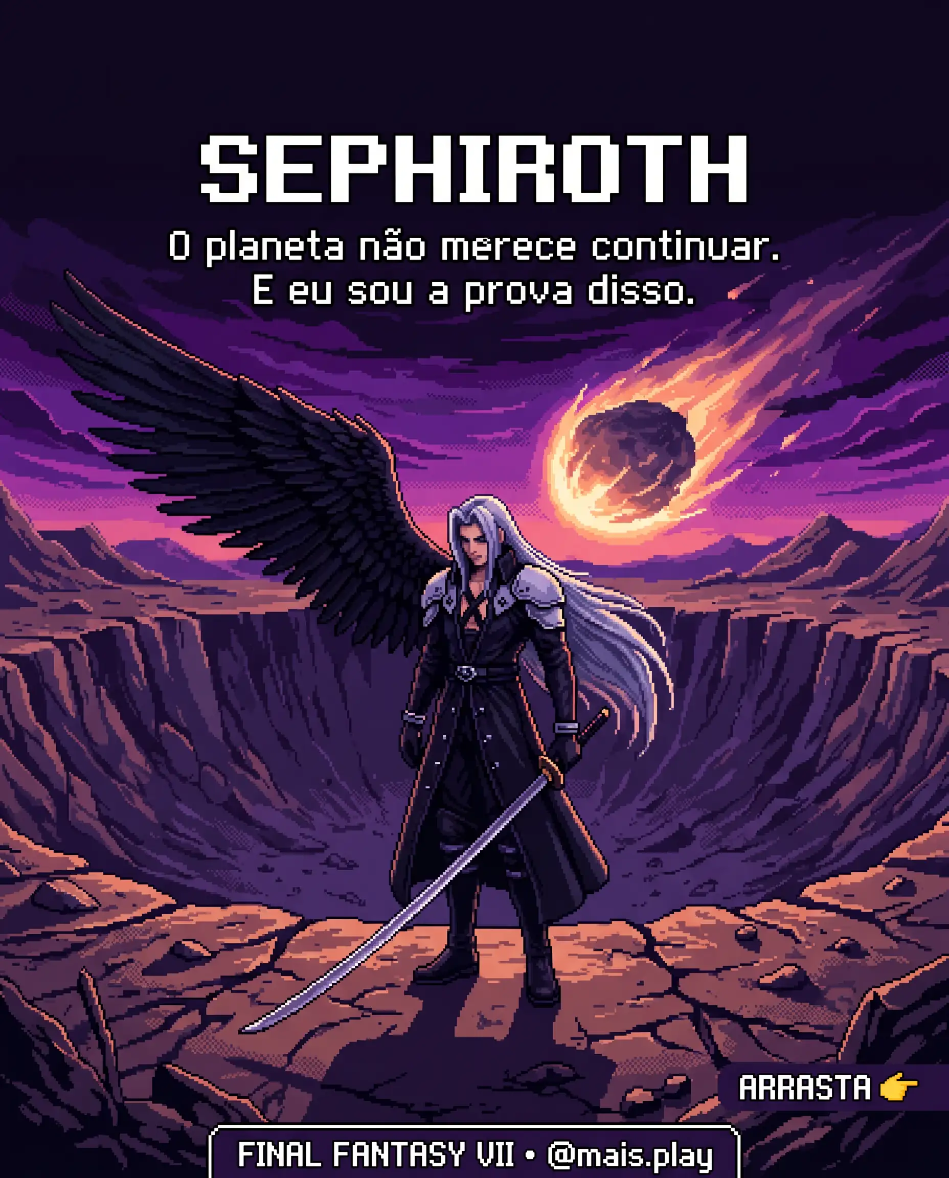 Sephiroth em pixel art estilo JRPG — Final Fantasy VII, vilão com asa negra acima de cratera de meteoro