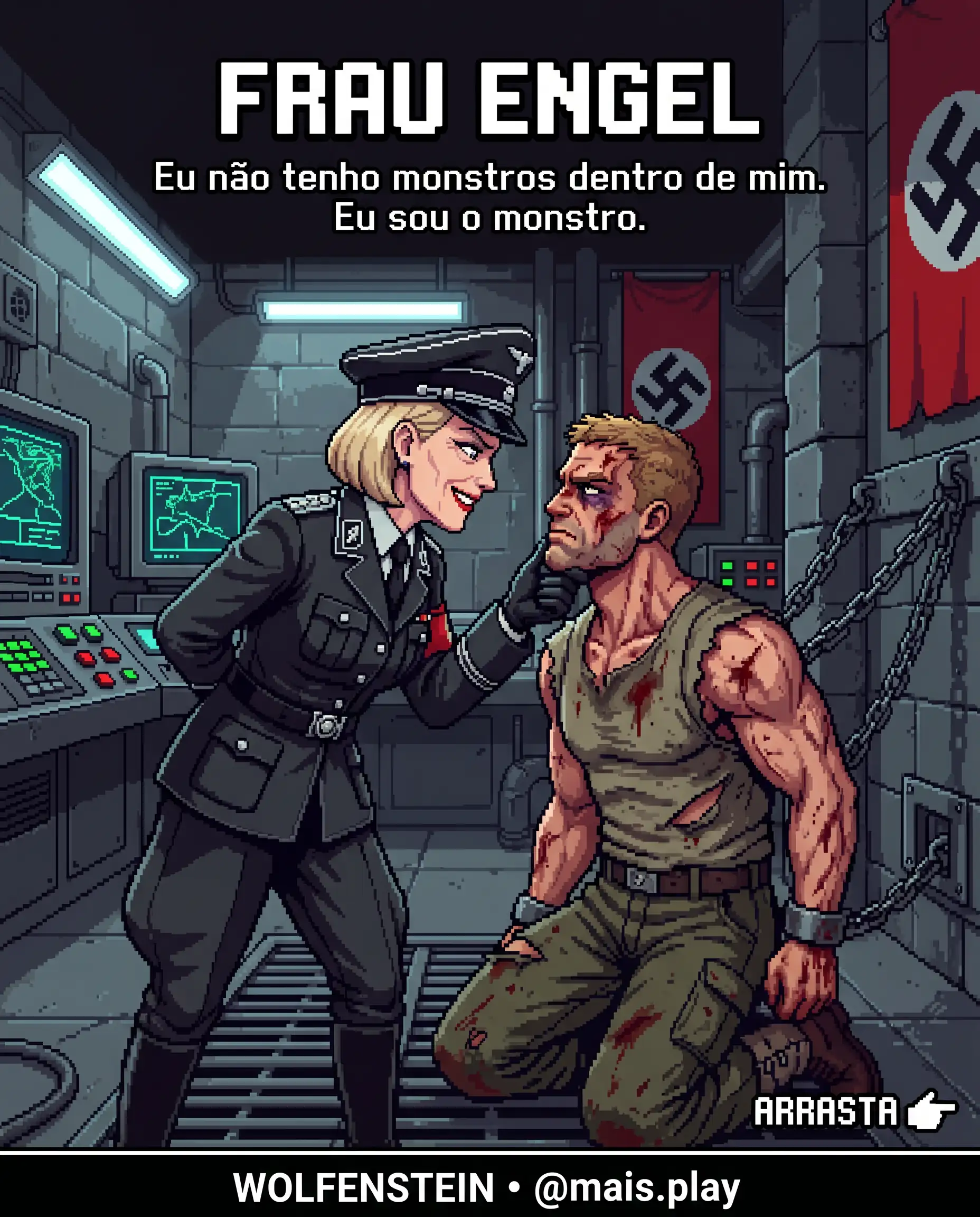Frau Engel torturando BJ Blazkowicz em pixel art estilo JRPG — Wolfenstein, vilã loira sem remorso