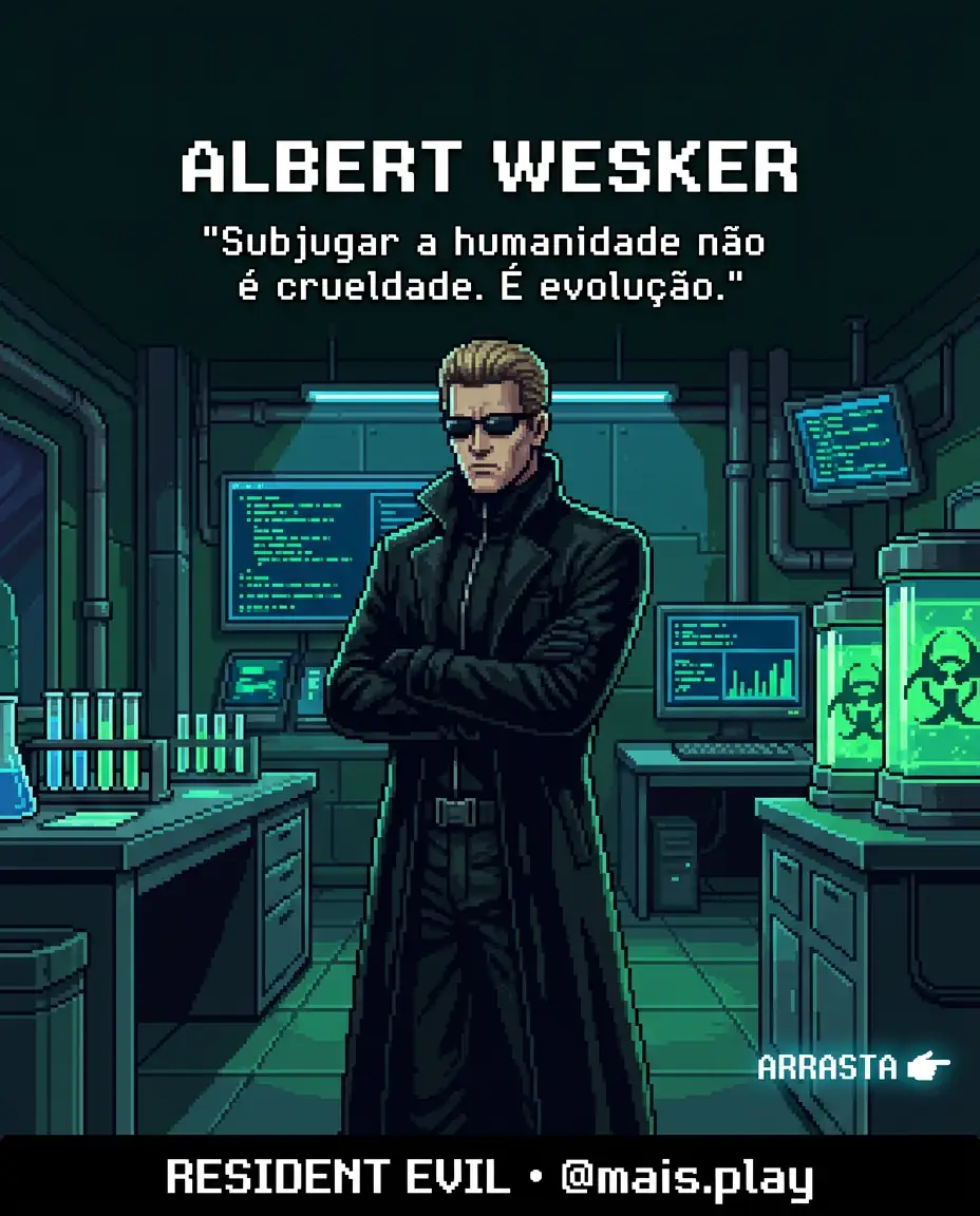 Albert Wesker em pixel art estilo JRPG — Resident Evil, vilão de óculos escuros em laboratório da Umbrella