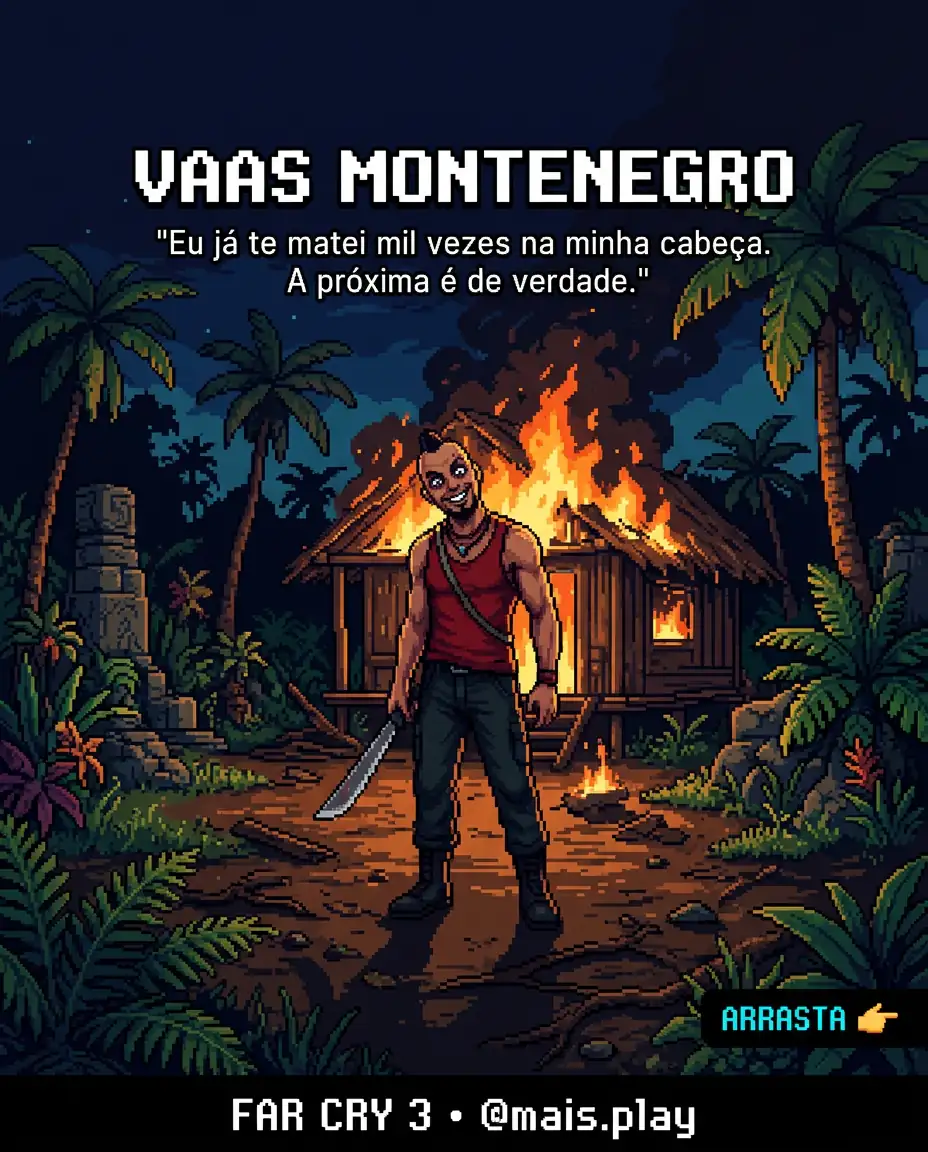 Vaas Montenegro em pixel art estilo JRPG — Far Cry 3, vilão sorrindo na selva com machete na mão