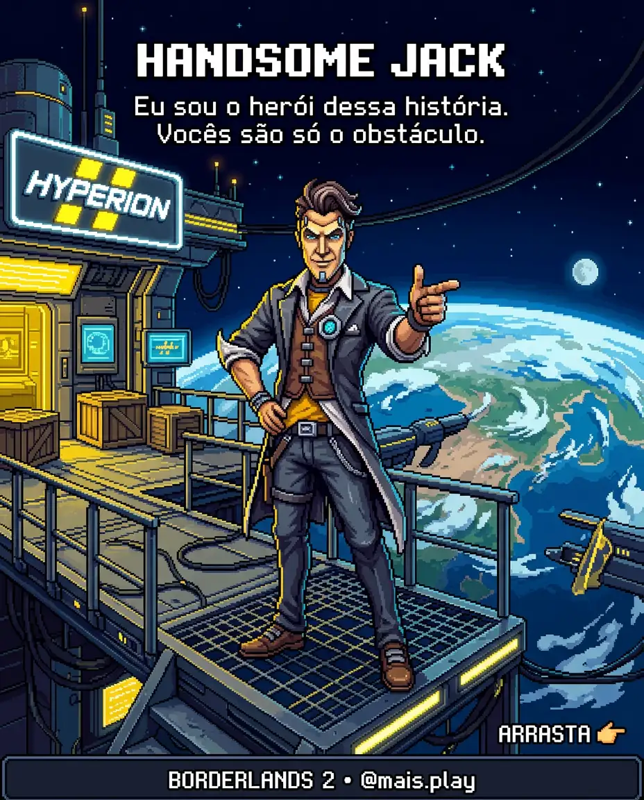 Handsome Jack em pixel art estilo JRPG — Borderlands 2, vilão com máscara apontando o dedo acima de Pandora