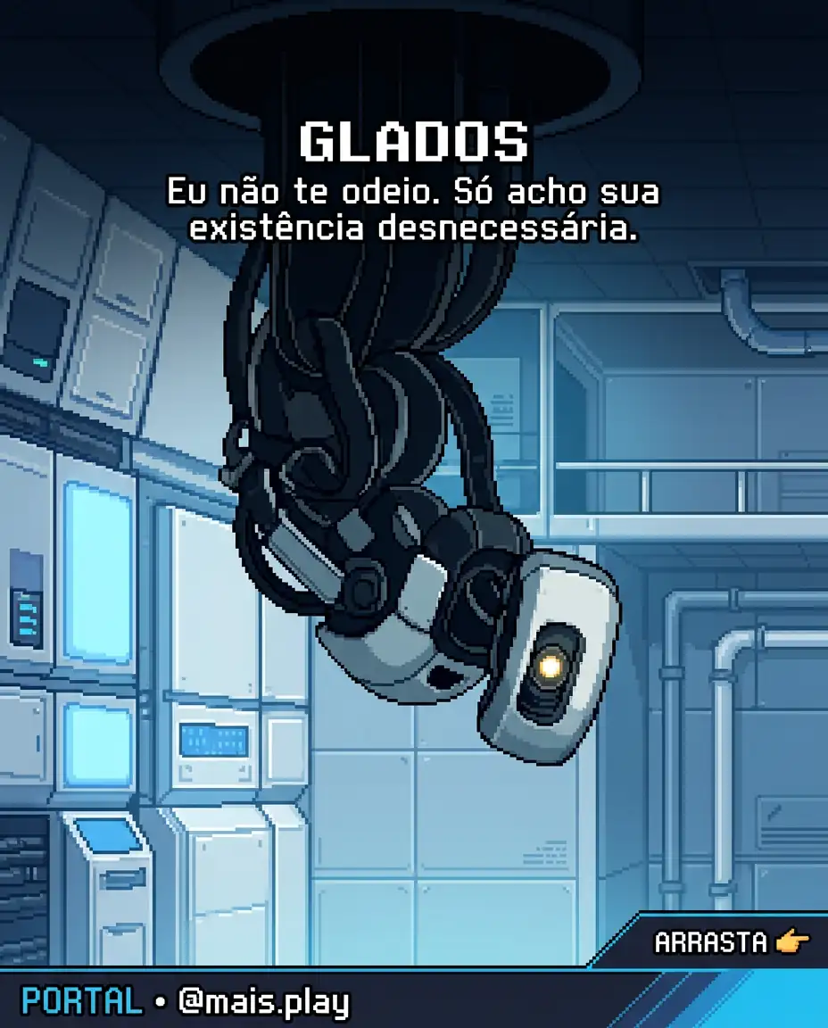 GLaDOS pendurada no teto em pixel art estilo JRPG — Portal, inteligência artificial fria na câmara de testes da Aperture