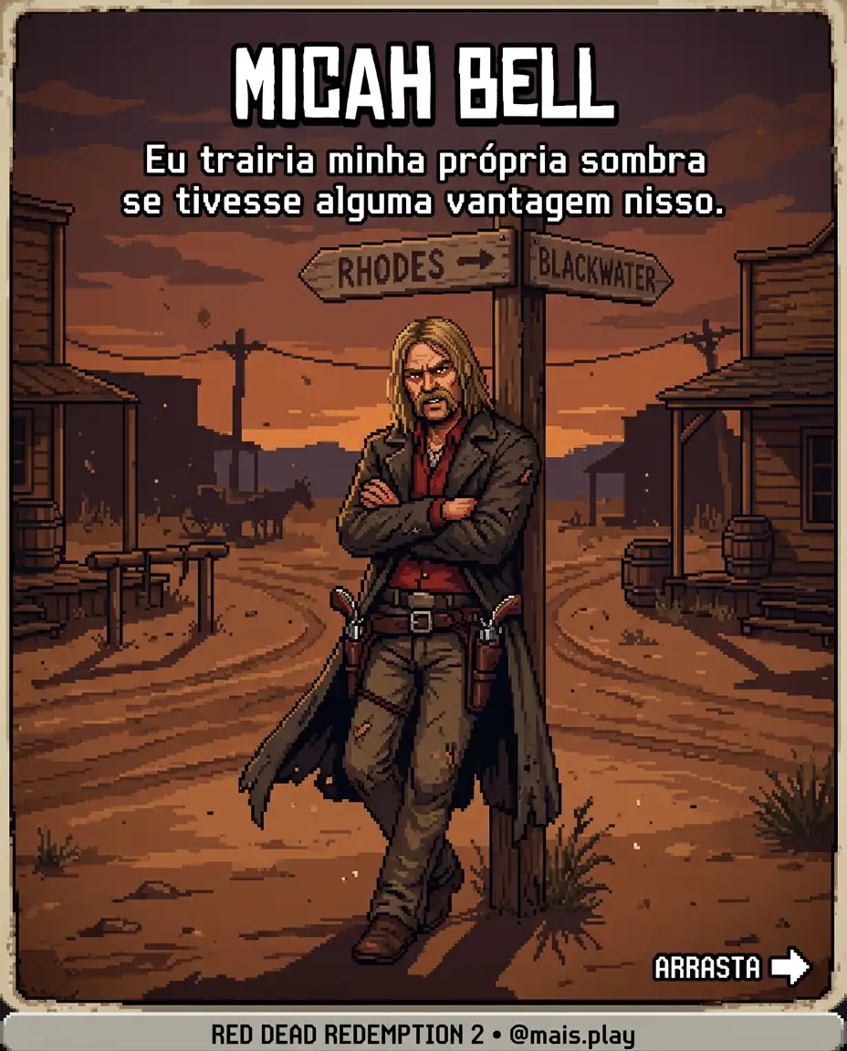 Micah Bell em pixel art estilo JRPG — Red Dead Redemption 2, vilão encostado na cerca com sorriso traiçoeiro