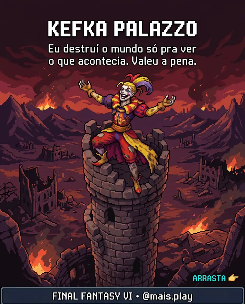 Kefka Palazzo em pixel art estilo JRPG — Final Fantasy VI, palhaço do caos rindo acima das ruínas do mundo destruído