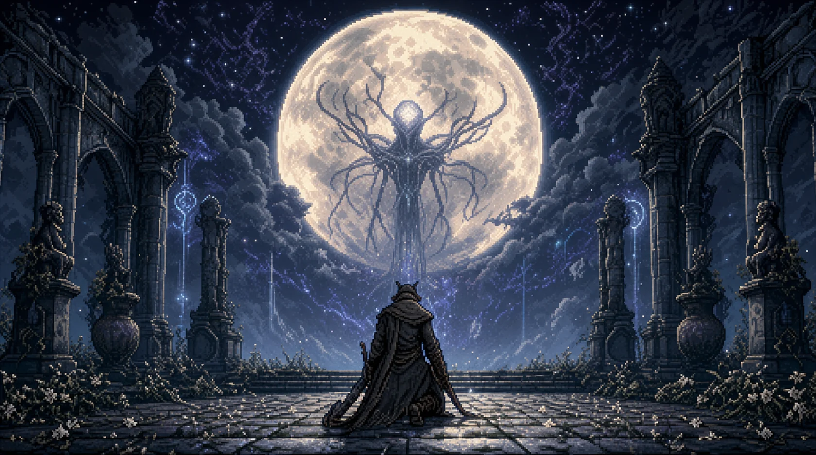 Caçador diante de presença lunar O Caçador de Bloodborne ajoelhado diante da Moon Presence no jardim do Hunter's Dream, representando o final secreto que transforma a vitória em algo radicalmente diferente do esperado