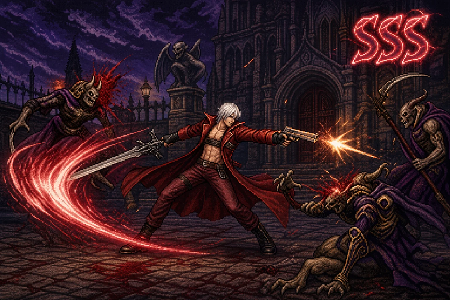 Dante em combate estilizado com sua espada Rebellion, o ranking SSS aparecendo na tela