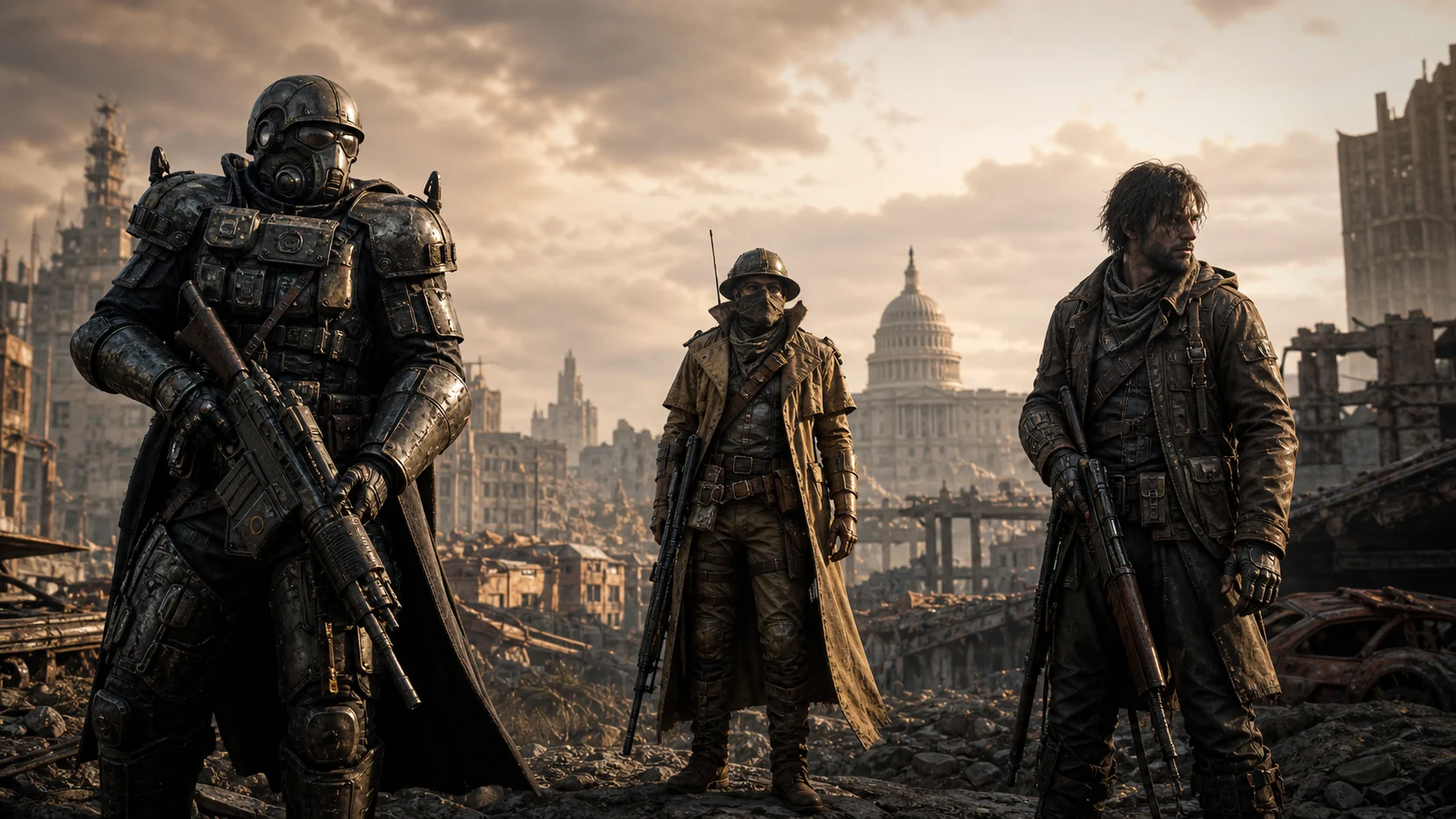 Facções pós-apocalípticas no Ermo Três facções representativas do Ermo de Fallout: soldado da Irmandade do Aço em armadura de energia, ranger da NCR e sobrevivente independente, cada um carregando visões opostas do futuro da civilização
