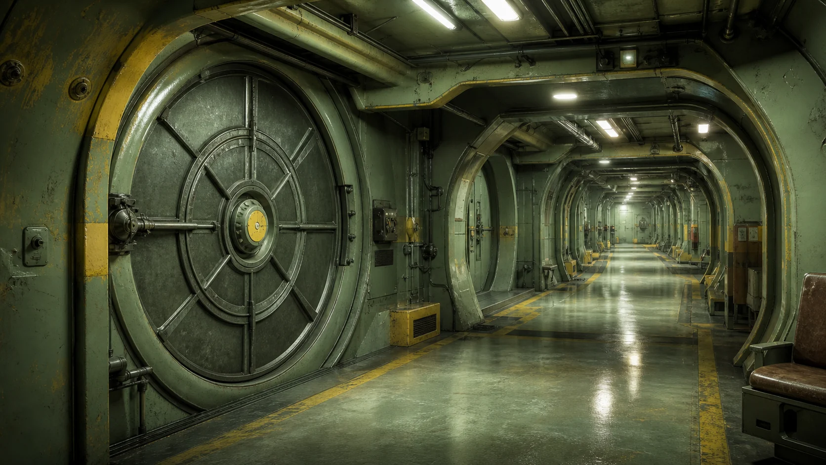 Interior de abrigo subterrâneo retrofuturista Interior de um Vault da Vault-Tec em Fallout: corredores metálicos retro-futuristas com porta circular maciça, combinando proteção e laboratório social