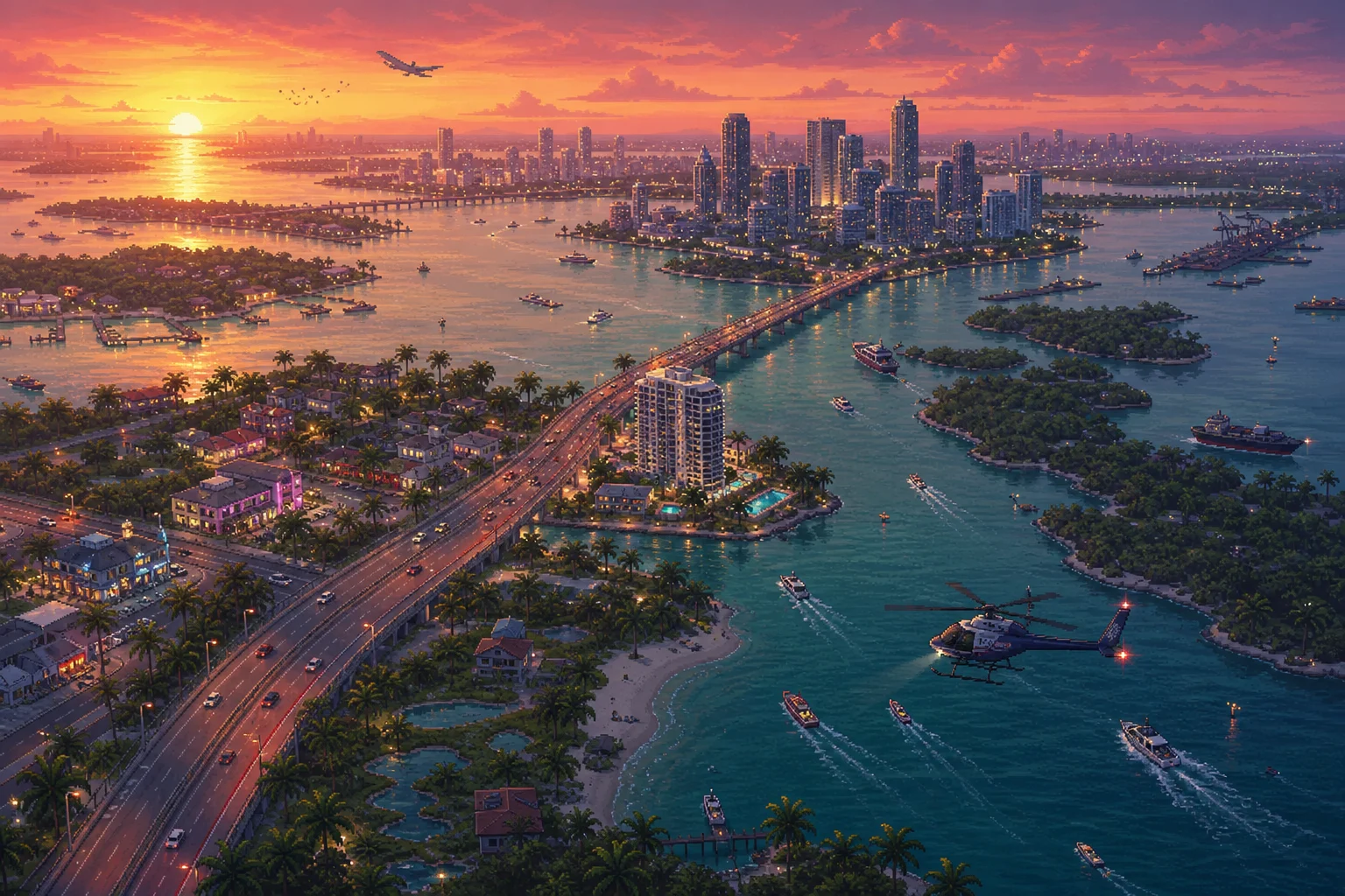 Vista aérea da vastidão de Leonida em GTA VI ao pôr do sol, o mapa mais detalhado já criado