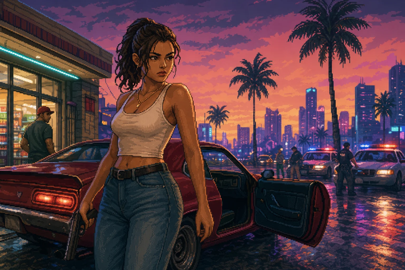 Lucia Caminos, a protagonista de GTA VI, numa cena de ação em Vice City
