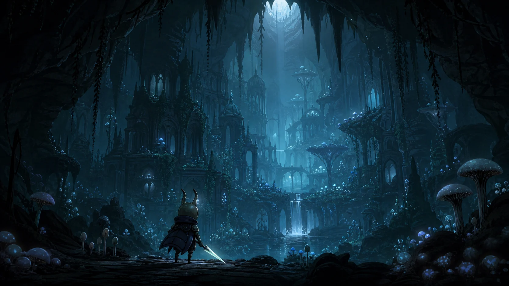 O Cavaleiro de Hollow Knight sozinho na entrada de Hallownest, capturando o contraste entre a escala diminuta do personagem e a grandiosidade do mundo subterrâneo criado por apenas dois desenvolvedores