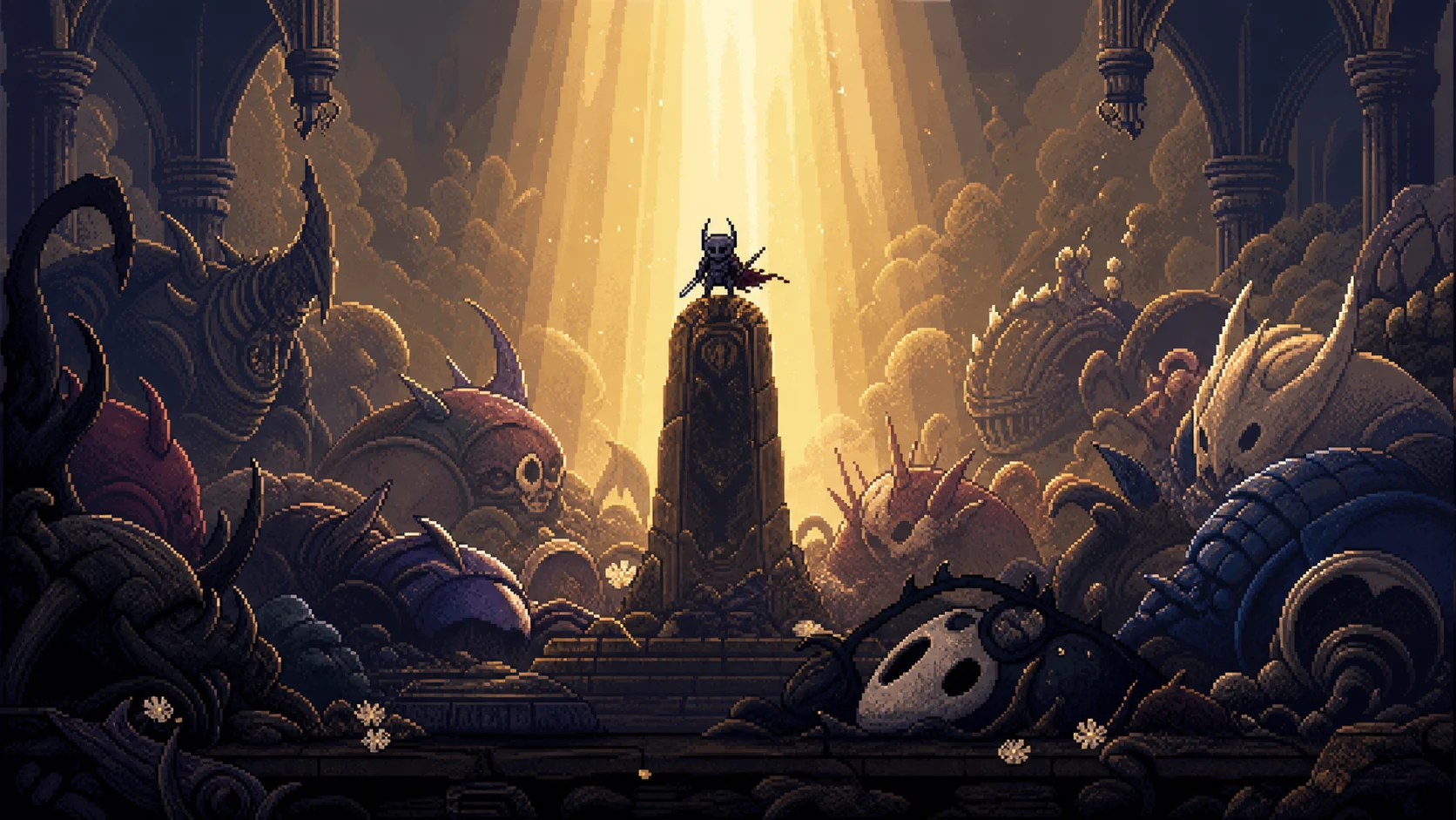 Pequeno cavaleiro no cume de um panteão O Cavaleiro de Hollow Knight no cume do Panteão de Hallownest, representando o final mais difícil que um metroidvania já colocou atrás de condições de acesso