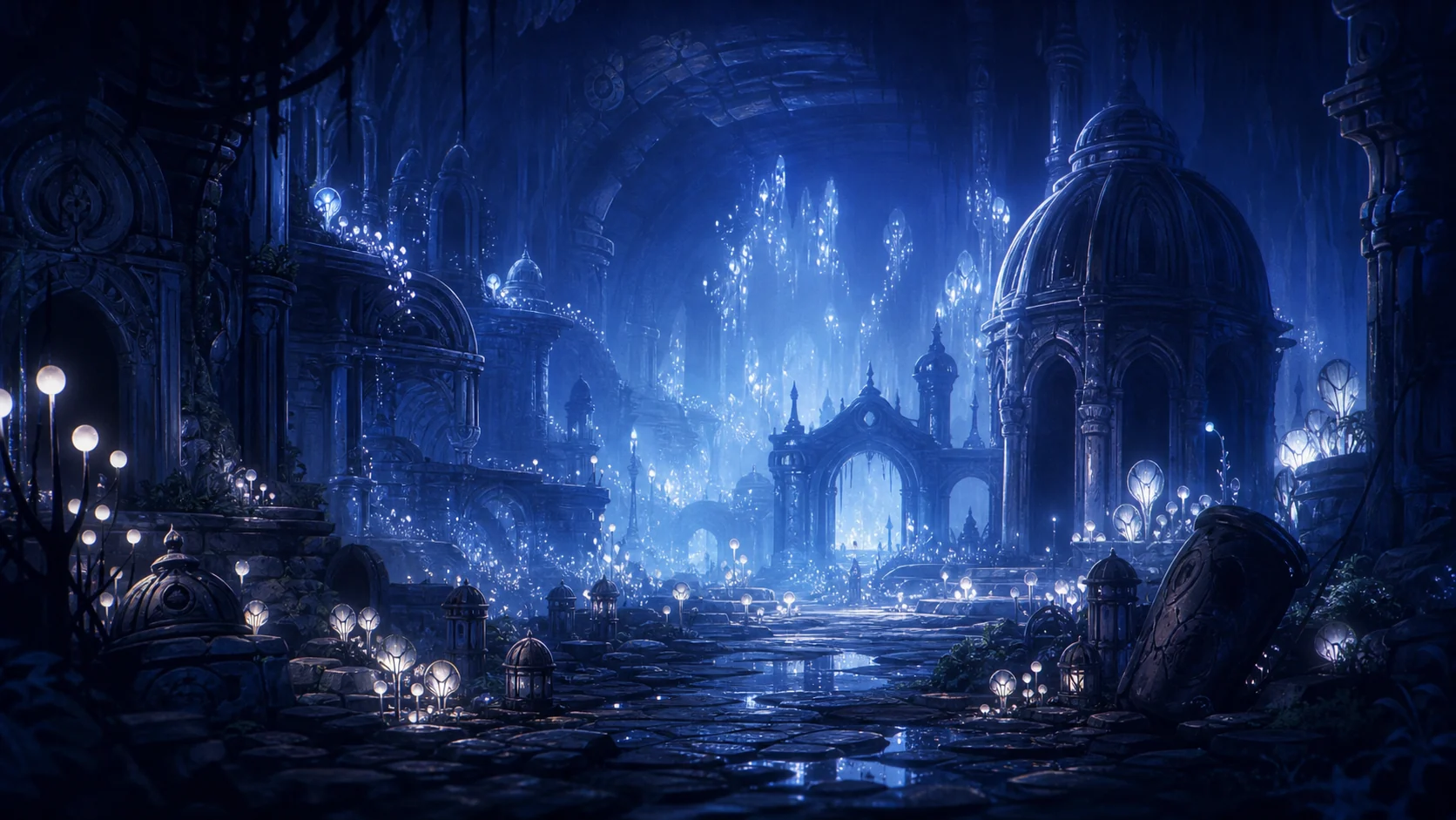 As ruínas de Hallownest banhadas em luz bioluminescente, vestígios de uma civilização de insetos que floresceu e desapareceu muito antes da chegada do jogador