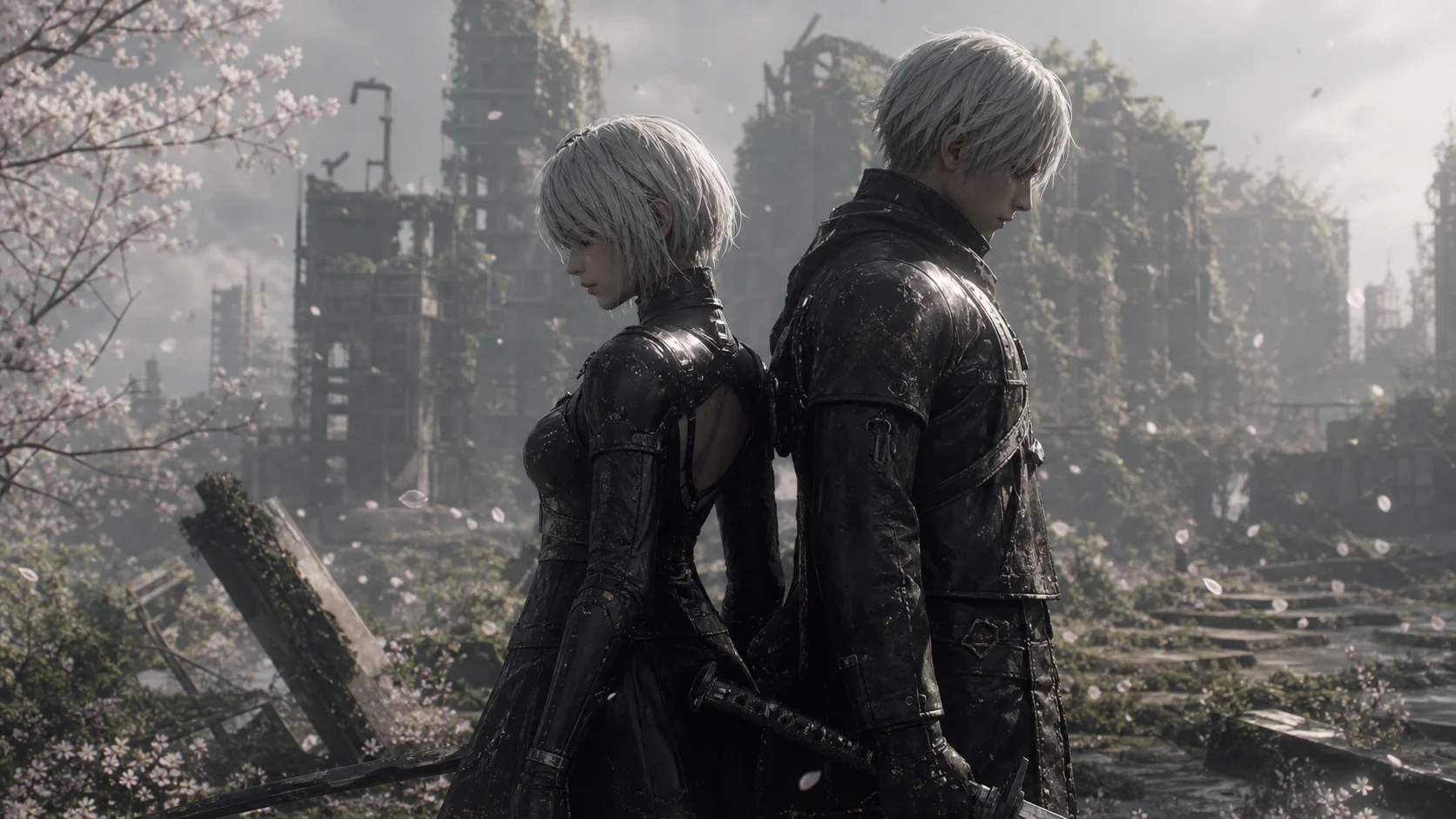 Androides em ruínas de cidade abandonada 2B e 9S de NieR:Automata de costas um para o outro nas ruínas de uma cidade abandonada, representando a beleza e a tragédia de existências criadas para servir um propósito que não pode ser cumprido