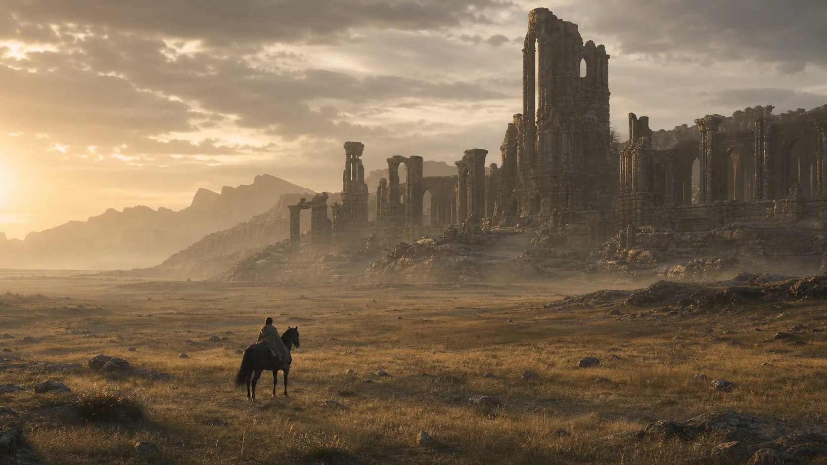 Viajante a cavalo em terras proibidas Wander montado em Agro atravessando as Forbidden Lands de Shadow of the Colossus, mostrando a escala e o isolamento que definem o universo do jogo