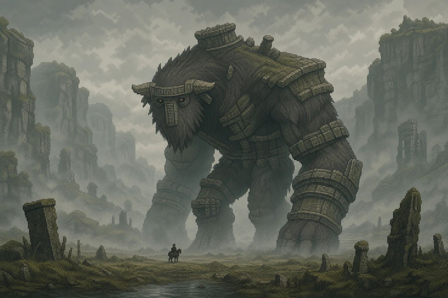 Colossus em posição tranquila nas Forbidden Lands, evocando a ambiguidade moral de matar criaturas que não são inerentemente malévolas Colossus em posição tranquila nas Forbidden Lands, evocando a ambiguidade moral de matar criaturas que não são inerentemente malévolas