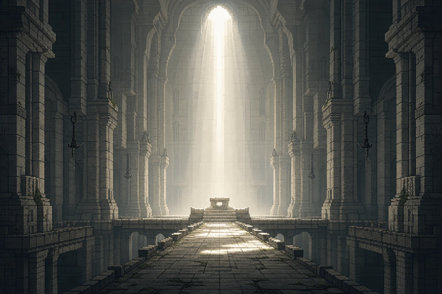 Interior do Shrine of Worship em Shadow of the Colossus, transmitindo o minimalismo e a grandiosidade vazia do design de Fumito Ueda Interior do Shrine of Worship em Shadow of the Colossus, transmitindo o minimalismo e a grandiosidade vazia do design de Fumito Ueda