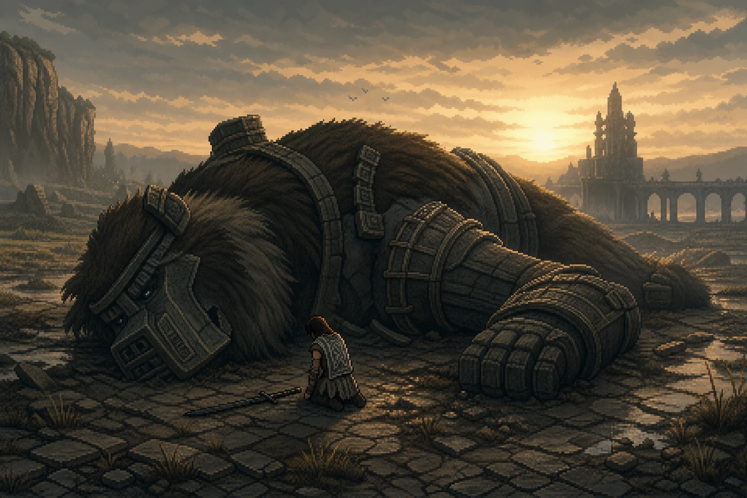 Wander ajoelhado junto ao corpo de um colosso abatido, imagem que captura o peso moral de Shadow of the Colossus Wander ajoelhado junto ao corpo de um colosso abatido, imagem que captura o peso moral de Shadow of the Colossus