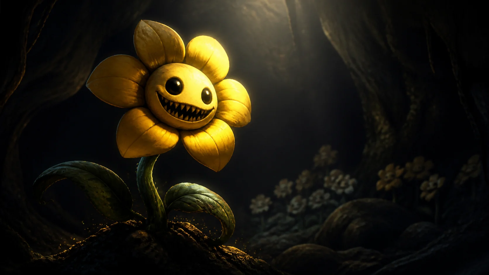 Flowey com seu sorriso perturbador revelando sua natureza verdadeira, o monstro que aprendeu a lógica corrompida do RPG e a usa como filosofia de vida