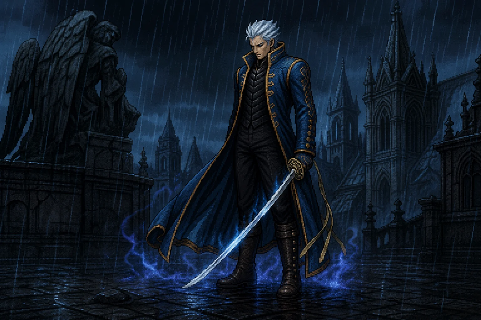 Vergil sob a chuva com sua katana Yamato, poder absoluto e melancolia trágica