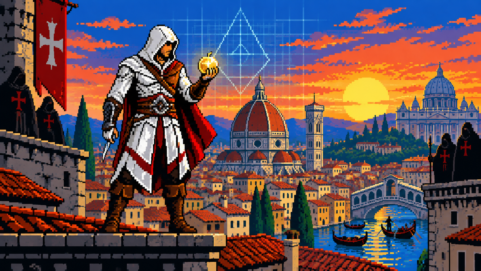 Ezio Auditore em Florença com a Maçã do Éden, templários e grade do Animus ao fundo