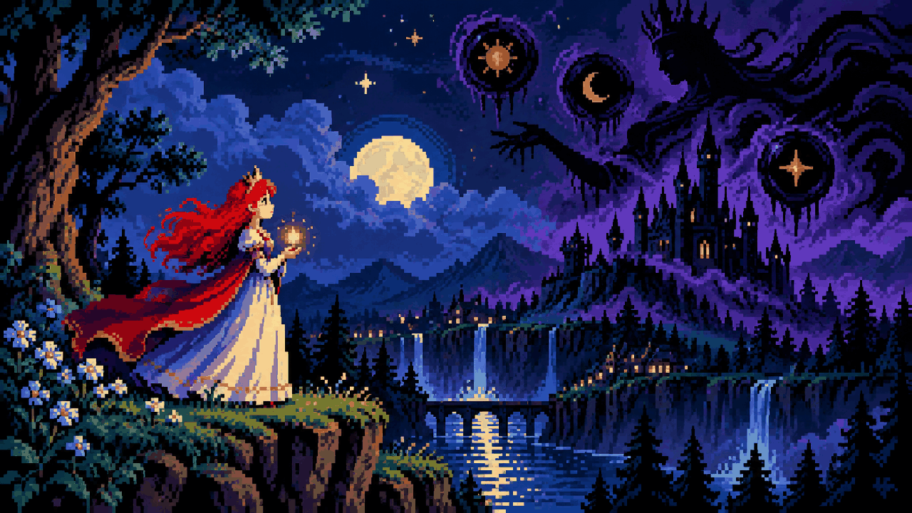 Aurora em Lemuria com Ignículus diante da Rainha da Noite em pixel art