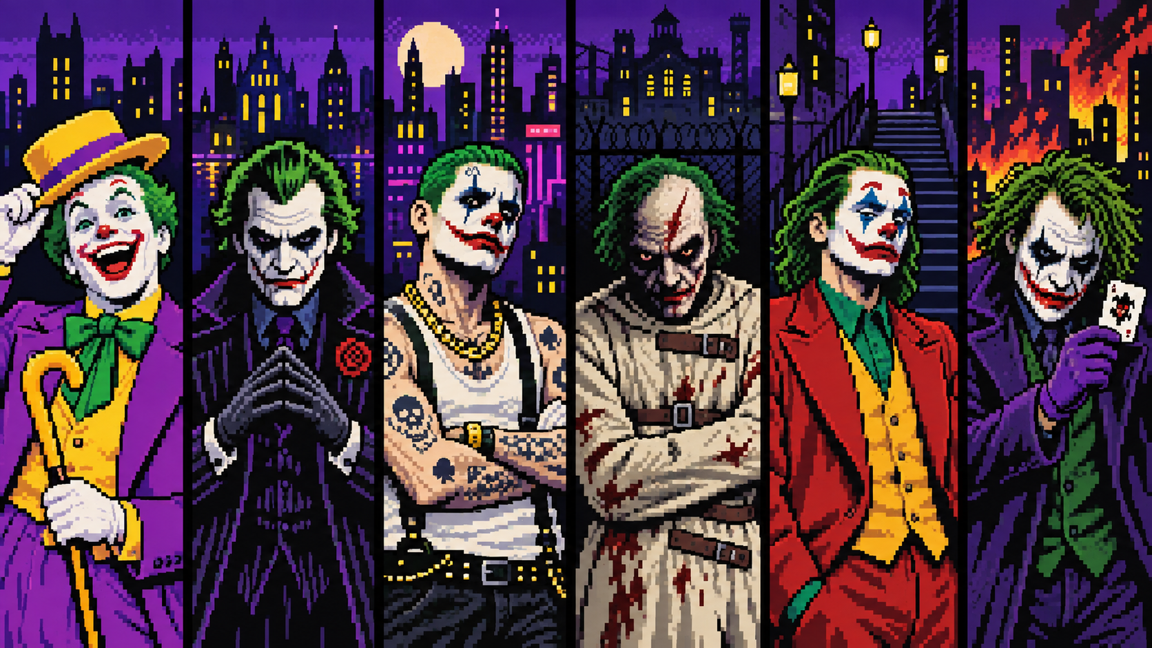 Arte em pixel art com seis versões cinematográficas do Coringa lado a lado em Gotham