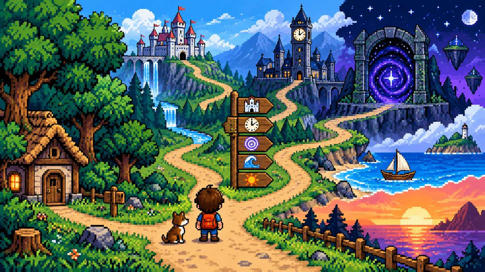 Aventura em pixel art com criança deixando casa, caminhos de fantasia, portal do tempo e horizonte